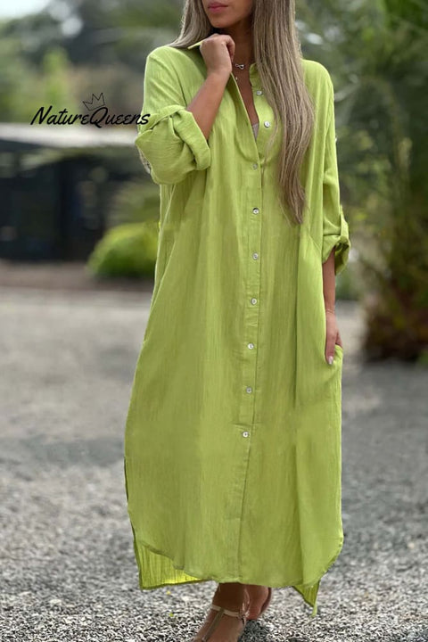 Long Sleeve Cardigan Cotton Linen Shirt Dress Yellow / S