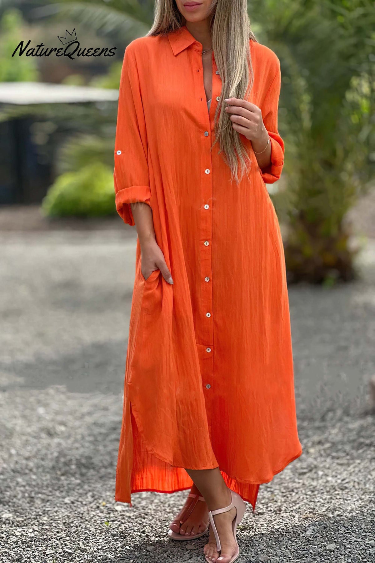 Long Sleeve Cardigan Cotton Linen Shirt Dress Orange / S
