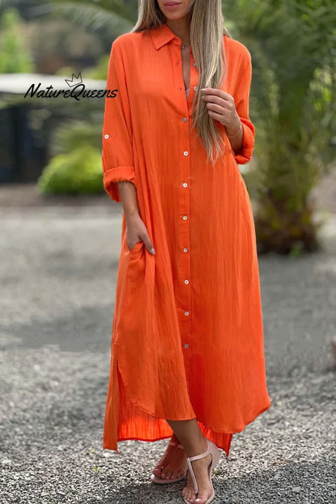 Long Sleeve Cardigan Cotton Linen Shirt Dress Orange / S