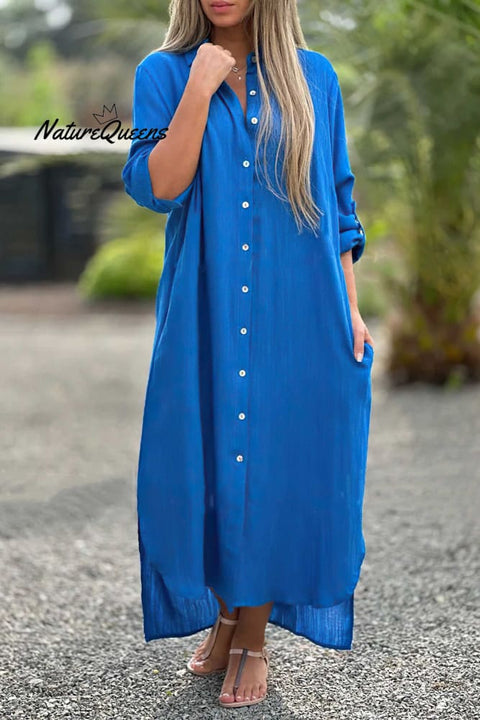 Long Sleeve Cardigan Cotton Linen Shirt Dress Blue / S