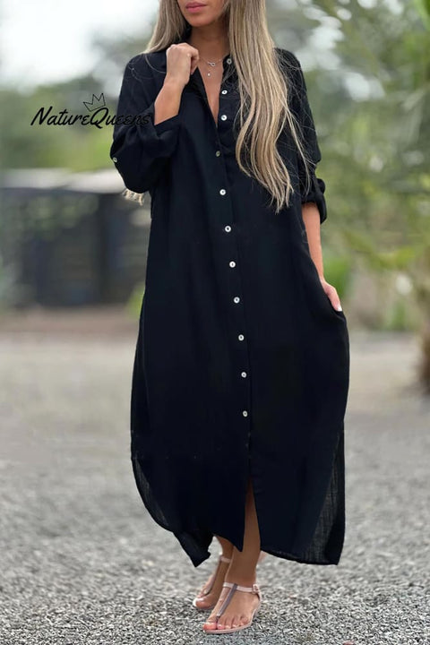 Long Sleeve Cardigan Cotton Linen Shirt Dress Black / S