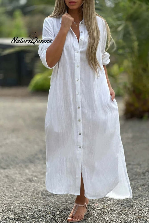 Long Sleeve Cardigan Cotton Linen Shirt Dress White / S