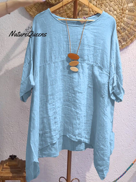 Women's Casual Cotton and Linen Round-neck Shirt