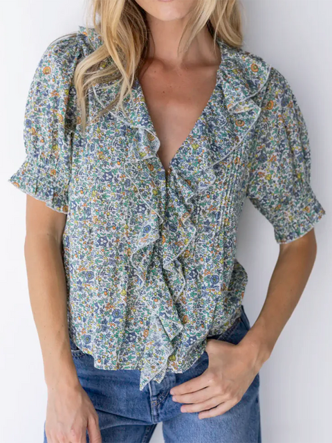 Ruffled V-neck Pleated Cotton Shirt