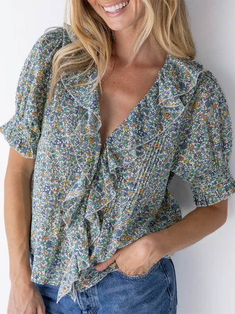 Ruffled V-neck Pleated Cotton Shirt