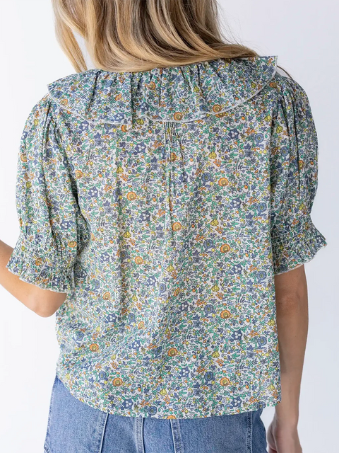 Ruffled V-neck Pleated Cotton Shirt