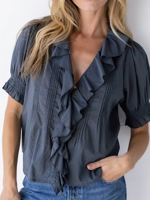 Ruffled V-neck Pleated Cotton Shirt