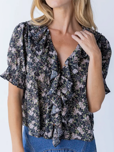 Ruffled V-neck Pleated Cotton Shirt