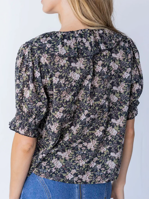 Ruffled V-neck Pleated Cotton Shirt