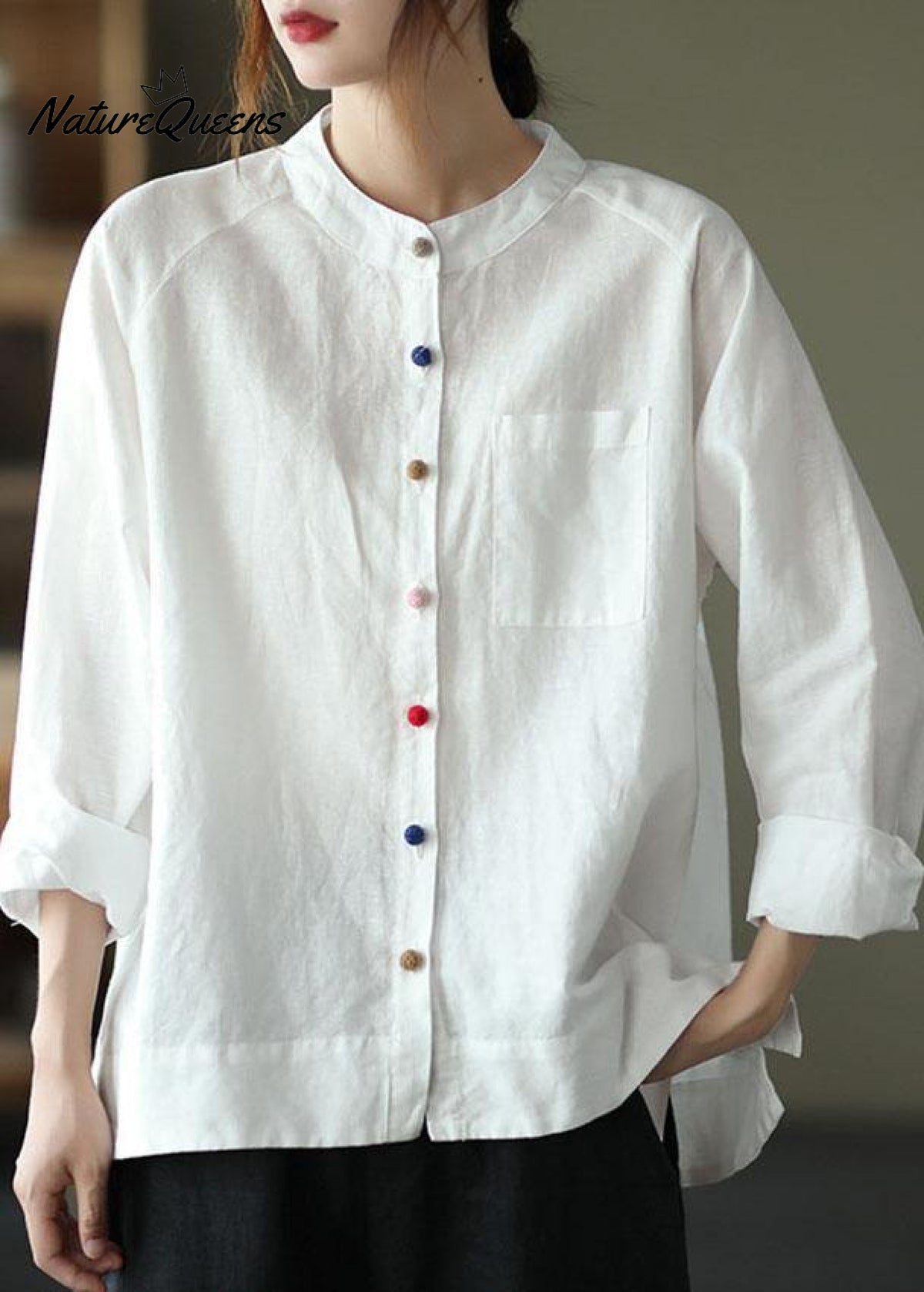 Modern White Loose Patchwork Pockets Fall Long Sleeve Blouse Top Long Sleeved Tops