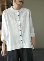 Modern White Loose Patchwork Pockets Fall Long Sleeve Blouse Top Long Sleeved Tops