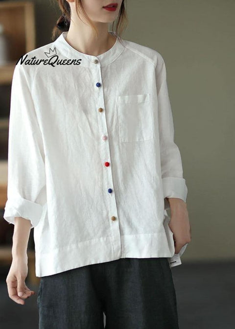 Modern White Loose Patchwork Pockets Fall Long Sleeve Blouse Top Long Sleeved Tops