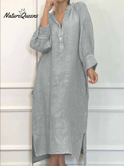 Women's Solid Color Loose Casual Pockets Cotton And Linen Long Dress