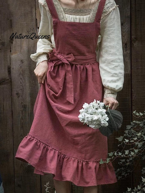 Women's Retro Solid Color Loose Stylish Casual Cotton And Linen Ruffled Apron Dress