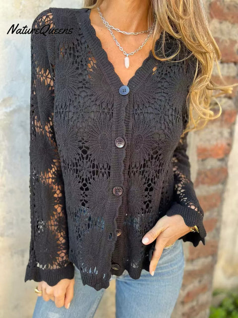 Women's  Lace Casual V-neck Long-sleeved Shirt