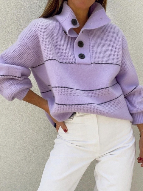 Contrast Color Loose Casual Polo Pullover Sweater