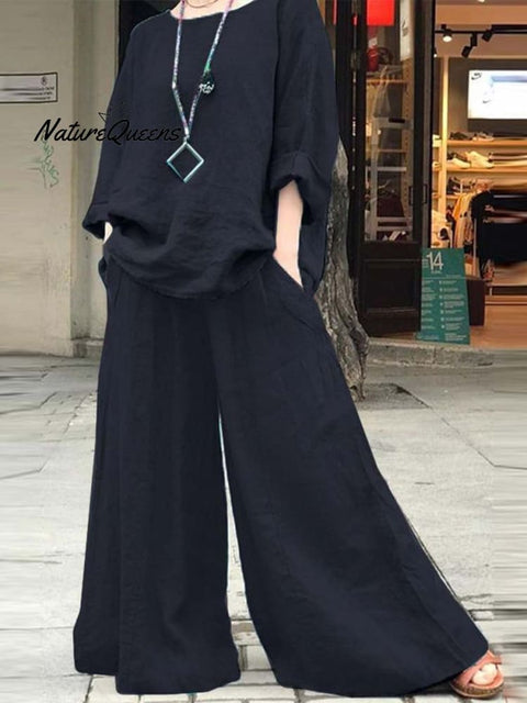 Women's Solid Color Casual Loose Stylish Cotton And Linen Shirt Pants Two Piece Suit