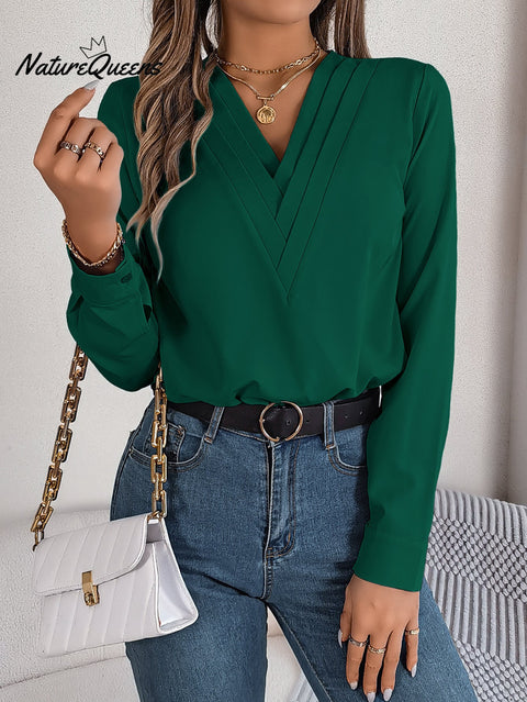 Women's Solid Color Casual Elegant Layered V-neck Long-sleeved Shirt