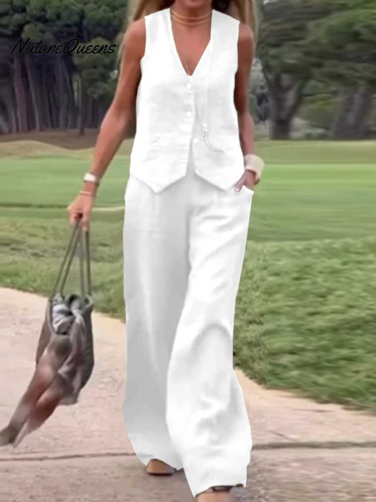 Women's Solid Color Casual Loose Stylish Vest Pants Suit