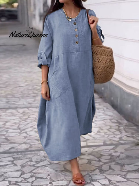 Women's Solid Color Round Neck Cotton Linen Pocket Button  Dress