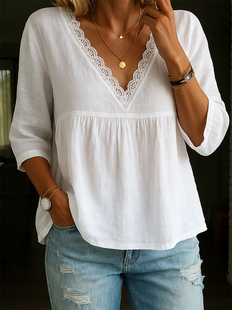 Women's V-neck Lace Cotton Shirt