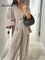 Women's Solid Color Casual Loose Stylish V-Neck Shirt Pants Suit