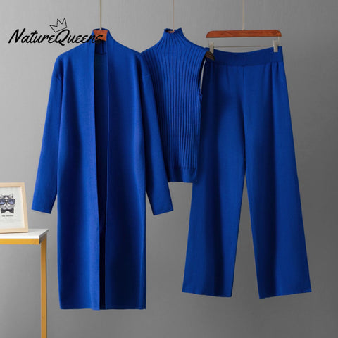 Women's Solid Color Casual Elegant Coat + Vest Sweater + Wide-leg Trouser Suit