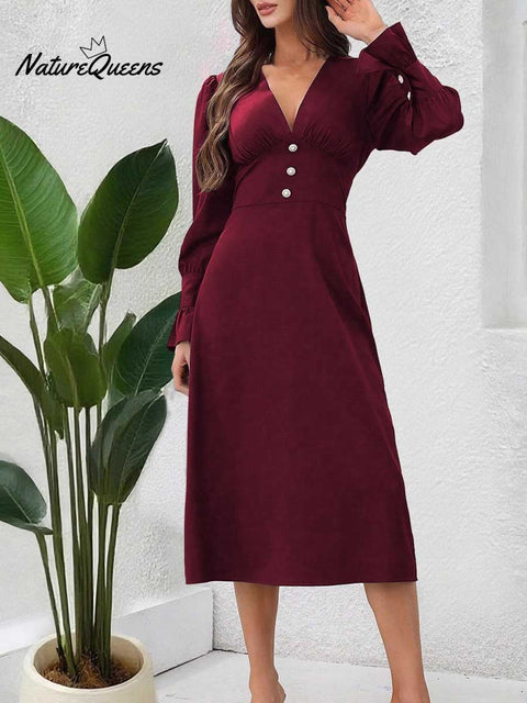 Women's Solid Color Elegant V-neck Shirt Dress