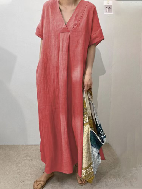 Women's V-neck Solid Color Loose Dress