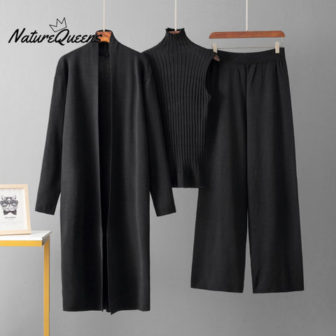 Women's Solid Color Casual Elegant Coat + Vest Sweater + Wide-leg Trouser Suit