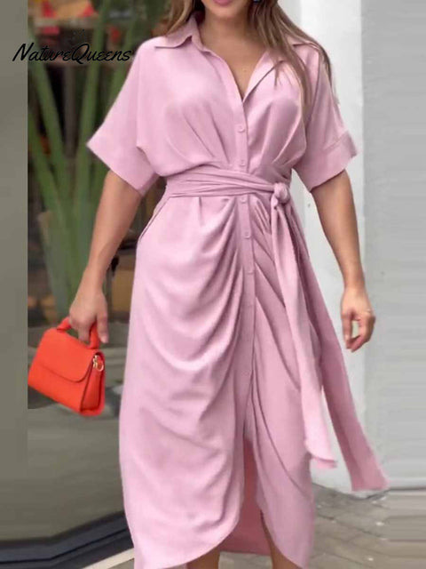 Women's Solid Color Loose Casual Lapel High-Waist Shirt Long Dress