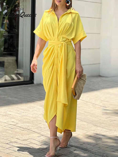 Women's Solid Color Loose Casual Lapel High-Waist Shirt Long Dress