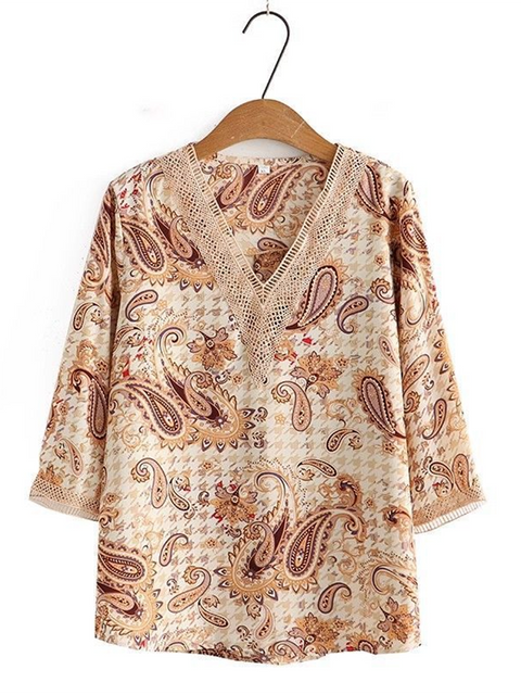 Women's Flower Print Lace Shirt and Pants Two-piece Set