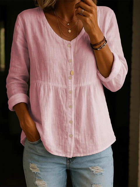 Loose V-neck Button-down Cotton and Linen Shirt
