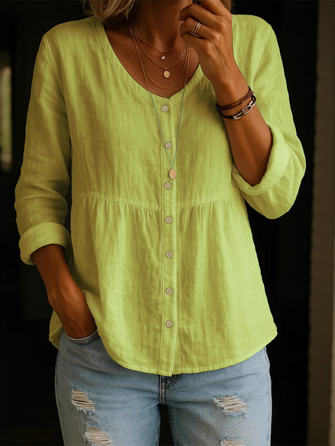 Loose V-neck Button-down Cotton and Linen Shirt