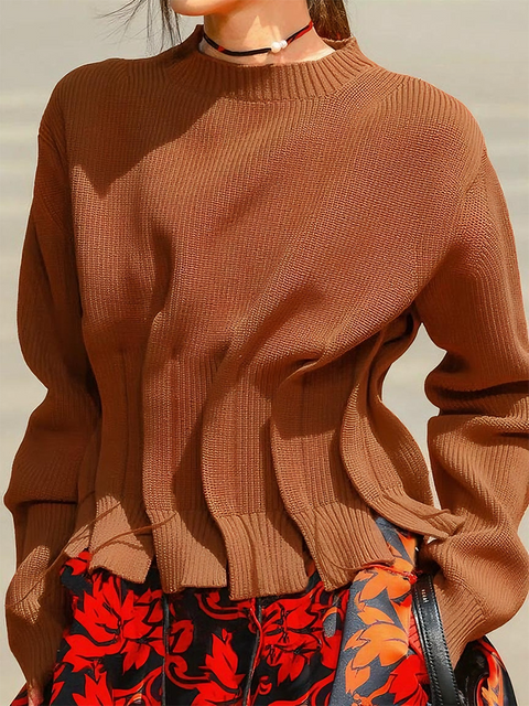 Wide Pleated Fringe Crew Neck Sweater