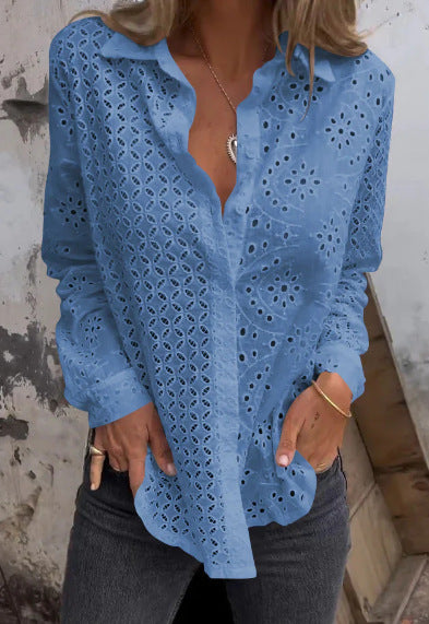 Women's Openwork Printed Loose Button Mesh Fashionable Top Shirt