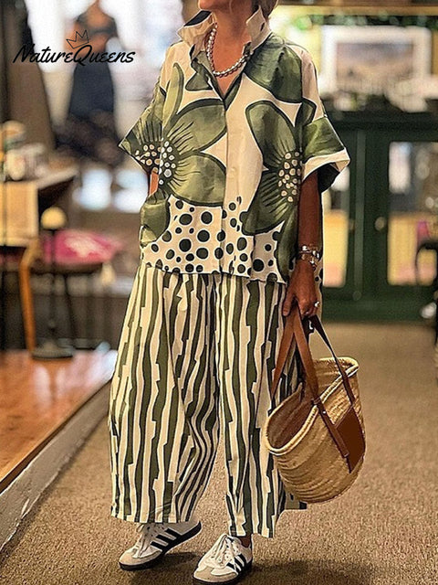 Women's Floral Geometric Pattern Art Print Casual Loose Stylish Shirt Pants Suit