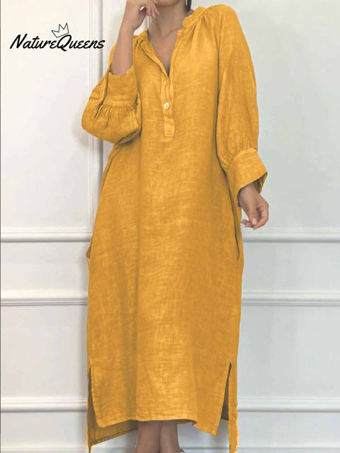 Women's Solid Color Loose Casual Pockets Cotton And Linen Long Dress