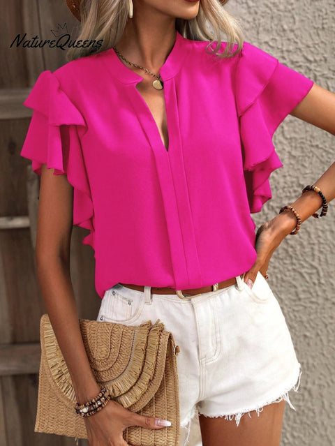 Women's Solid Color Casual Elegant Ruffled Sleeves V-neck Shirt