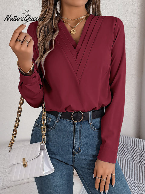 Women's Solid Color Casual Elegant Layered V-neck Long-sleeved Shirt