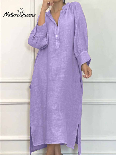 Women's Solid Color Loose Casual Pockets Cotton And Linen Long Dress