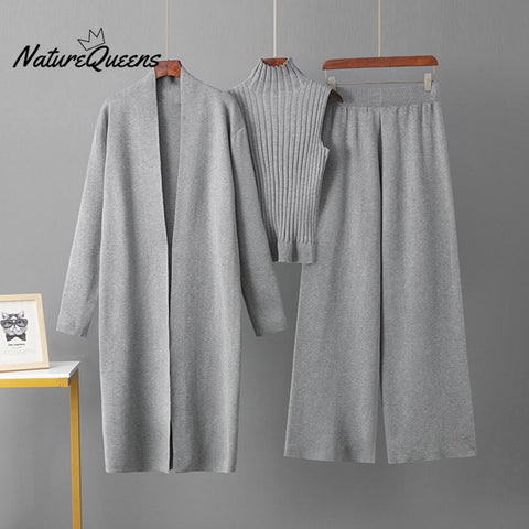 Women's Solid Color Casual Elegant Coat + Vest Sweater + Wide-leg Trouser Suit