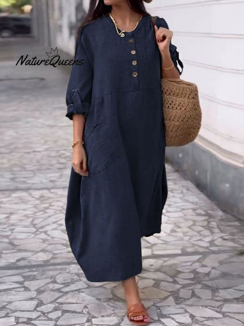 Women's Solid Color Round Neck Cotton Linen Pocket Button  Dress