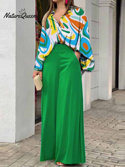 Women's Floral Art Print Loose Casual Shirt Wide-leg Pants Suit