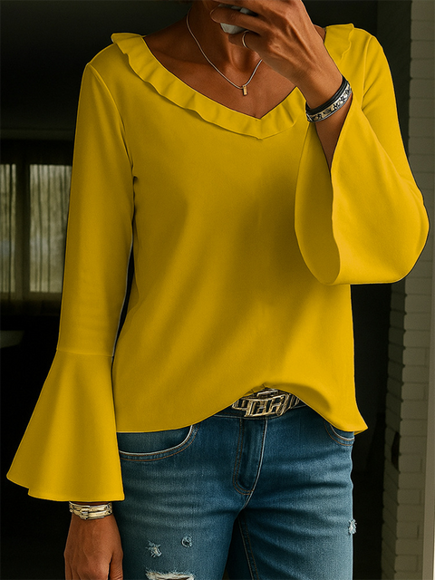 Women's Flared Sleeve Solid Color Top