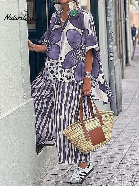 Women's Floral Geometric Pattern Art Print Casual Loose Stylish Shirt Pants Suit