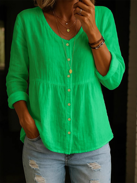 Loose V-neck Button-down Cotton and Linen Shirt