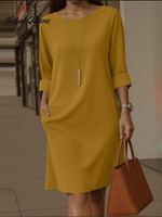 Elegant Round Neck Solid Color Pocket Dress