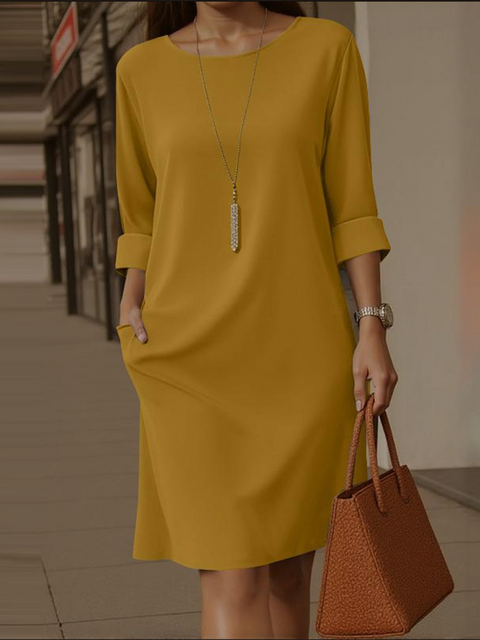 Elegant Round Neck Solid Color Pocket Dress